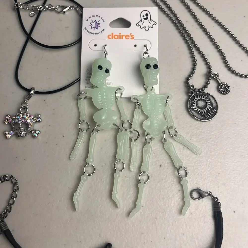 Halloween Glow In The Dark Skeleton Earrings Spooky Necklaces Bracelet Set Lot